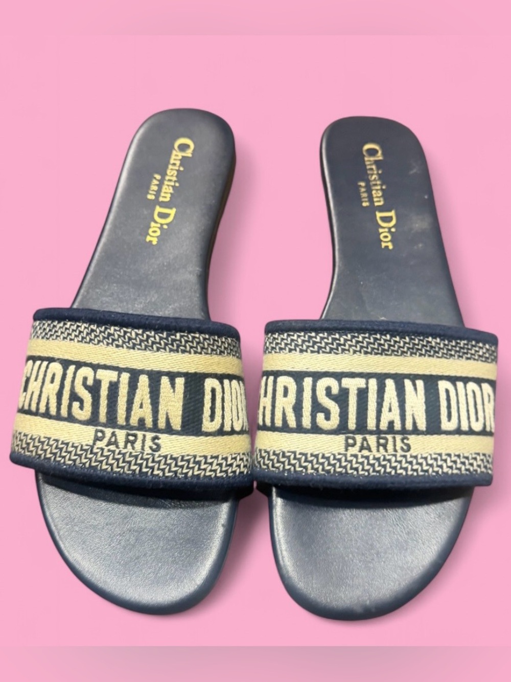 Christian Dior Dway Slide Sandals Navy Blue Embroidered Canvas Size 40 (9)
